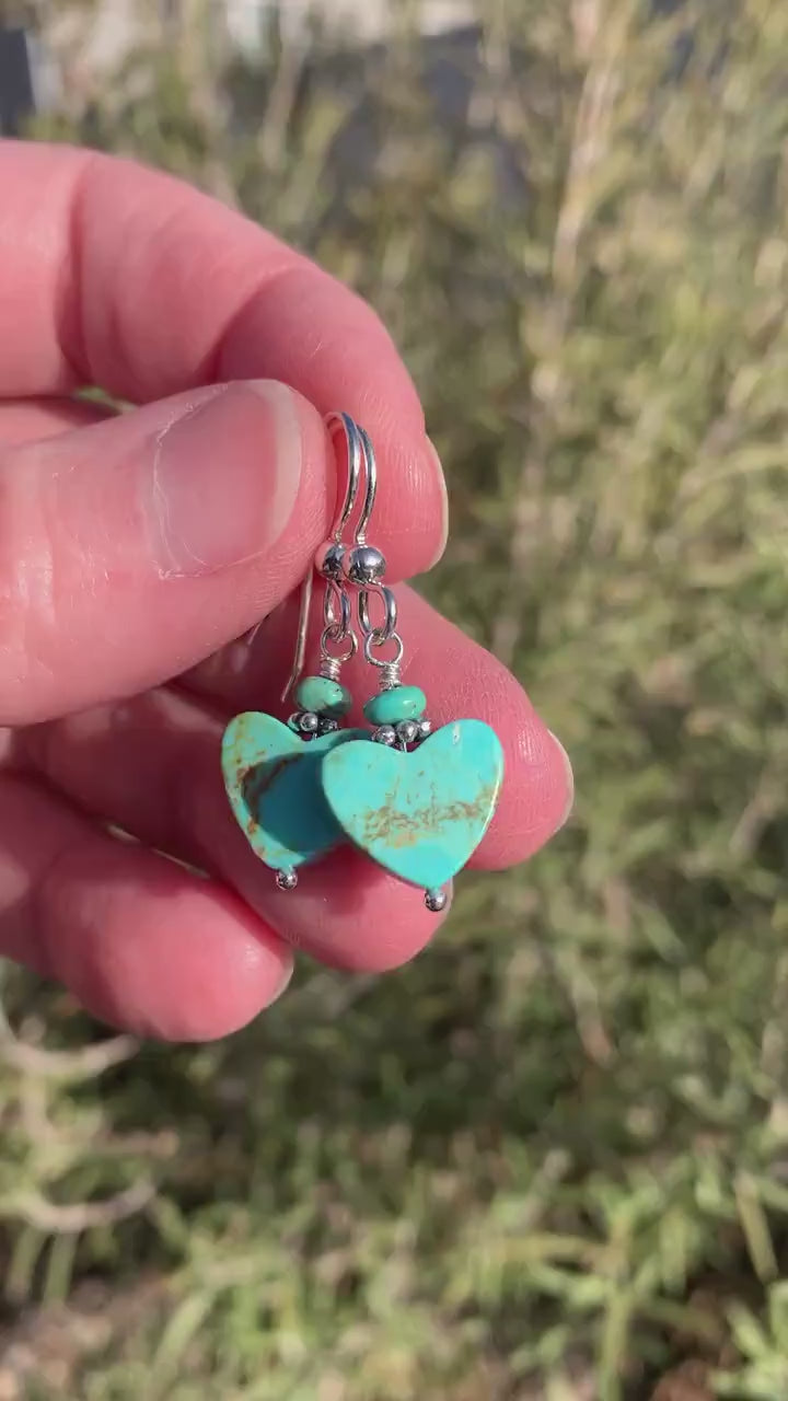 Kingman Turquoise Heart and Sterling Silver Earrings - Love symbol - American Rustic Southwest Turquoise