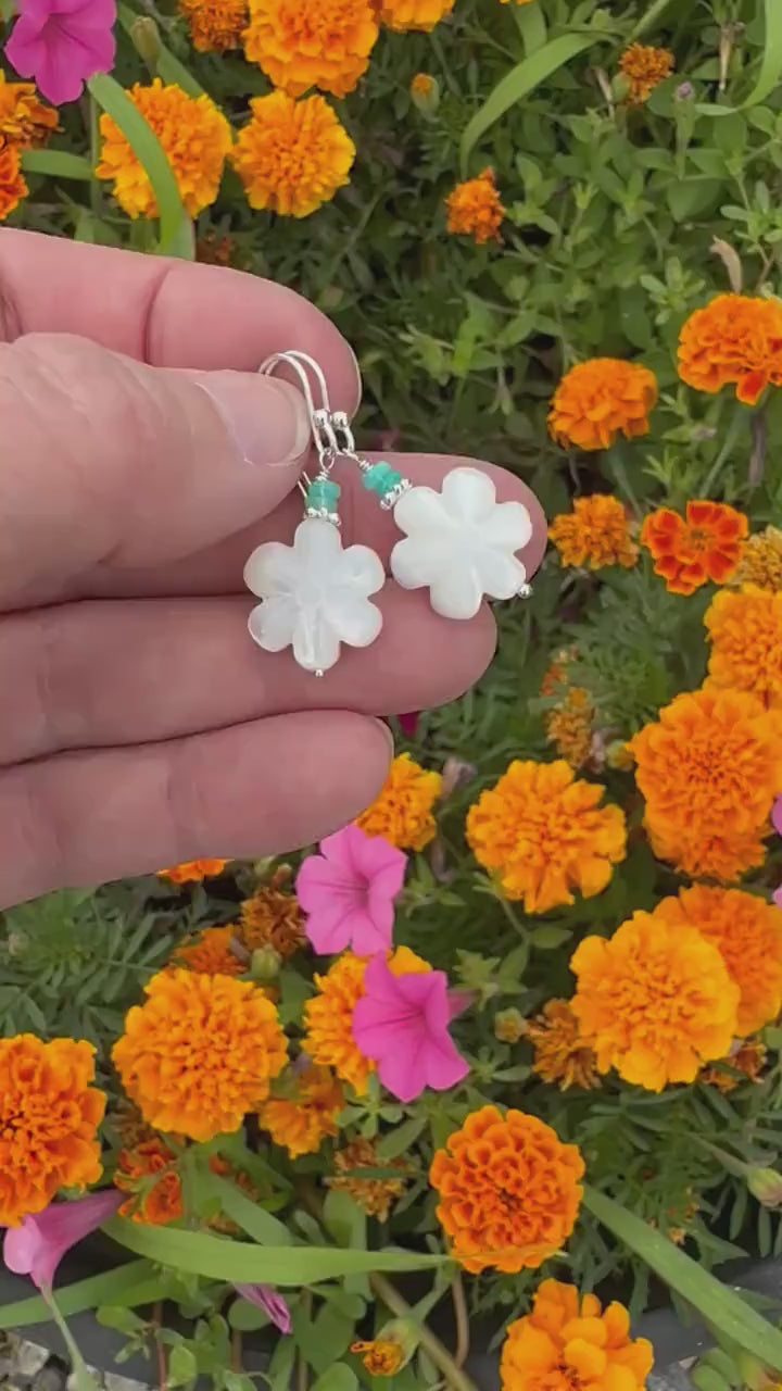 Mother of Pearl Shell Flower Earrings with Blue Ethiopian Opals and Solid 925 Sterling Silver