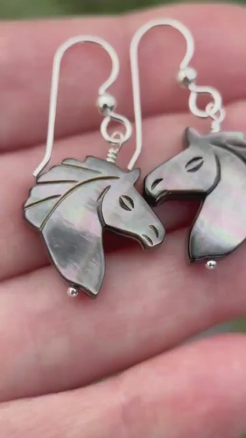 Gray Mother of Pearl Horse Earrings | Sterling Silver Black Lip Oyster Shell| Year of the Horse 2026 | Western Gift for Her