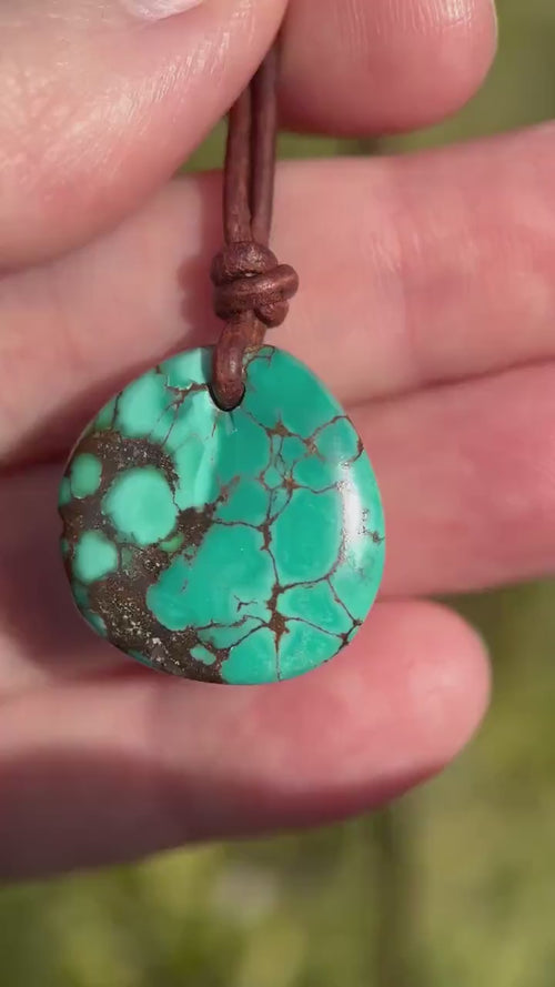 Green Blue Teal Turquoise Pendant and Rustic Brown Leather Necklace - Boho Southwest Style - Unisex 20 inches