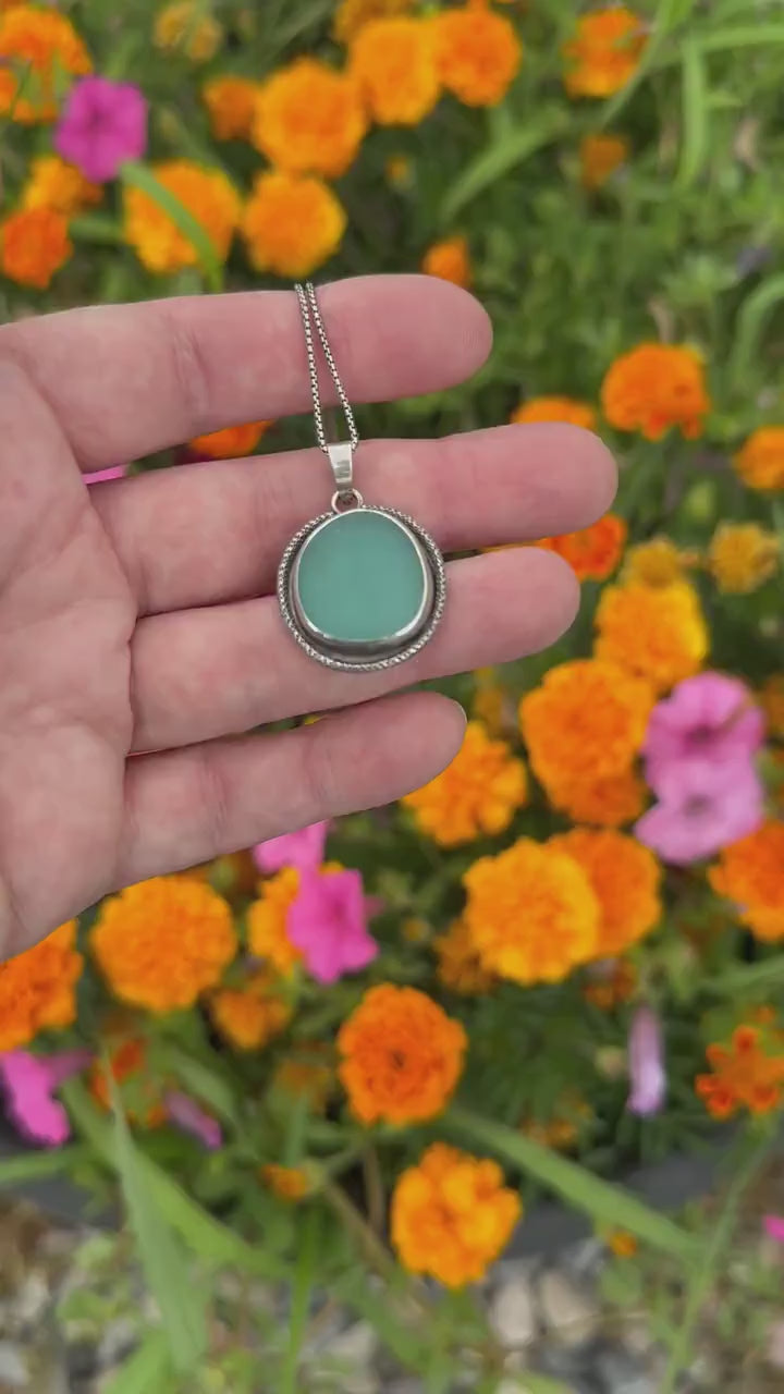 Blue Sea Glass and Solid 925 Sterling Silver Pendant