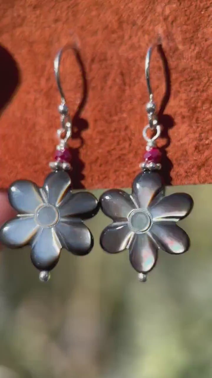 Black Lip Oyster Shell Daisy Flower and Sterling Silver Earrings