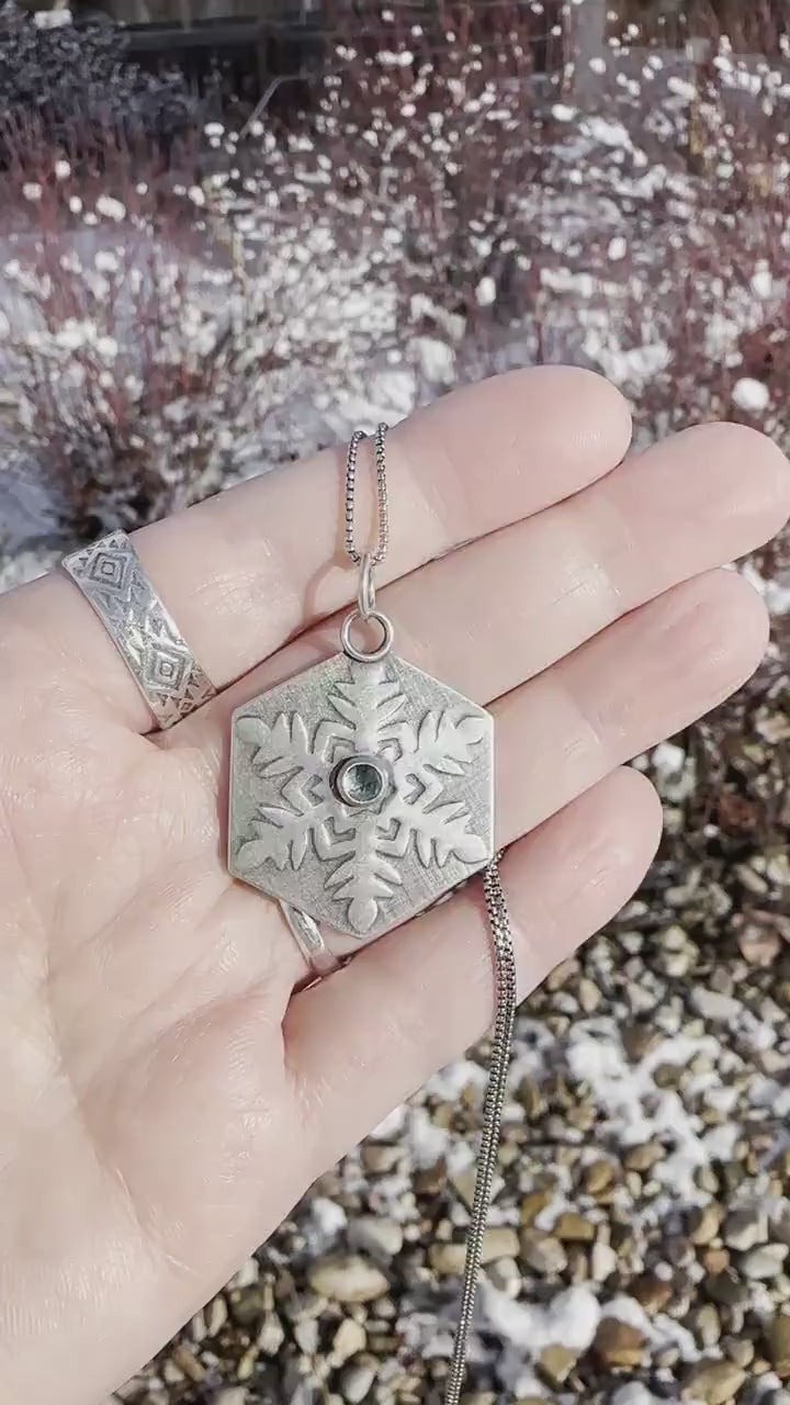 Aquamarine and Sterling Silver Snowflake Pendant Necklace