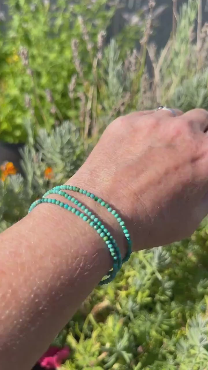 Turquoise Beaded Bracelet – 2mm Faceted Green-Blue Gemstones with Solid 925 Sterling Silver – Handmade in the USA - Adjustable