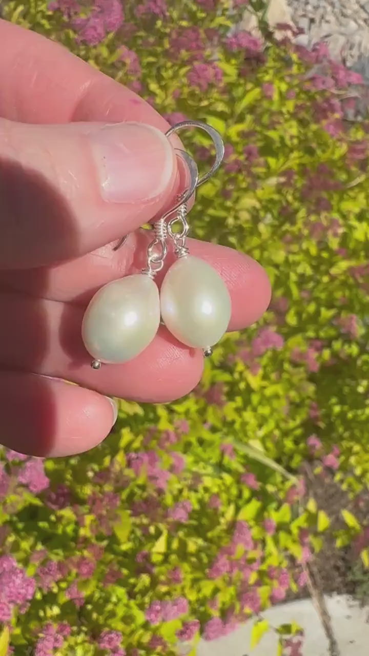 Gorgeous Large White Freshwater Pearl and solid 925 Sterling Silver Earrings