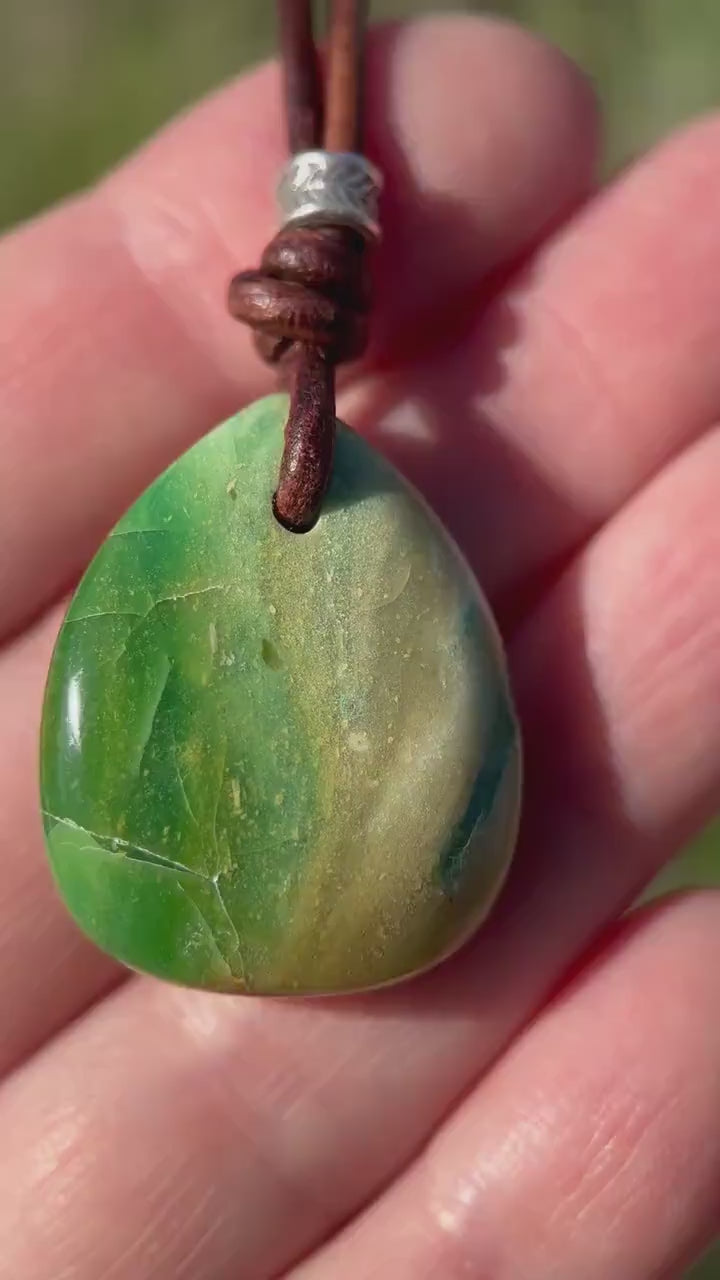 Indonesian Opalized Petrified Wood and Leather Pendant Necklace