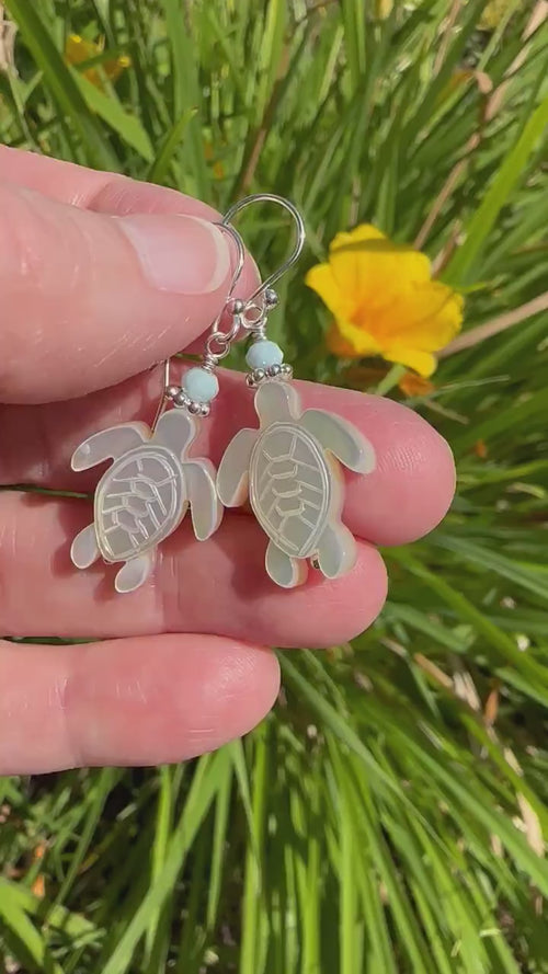 Larimar, Mother of Pearl Sea Turtle and Sterling Silver Earrings