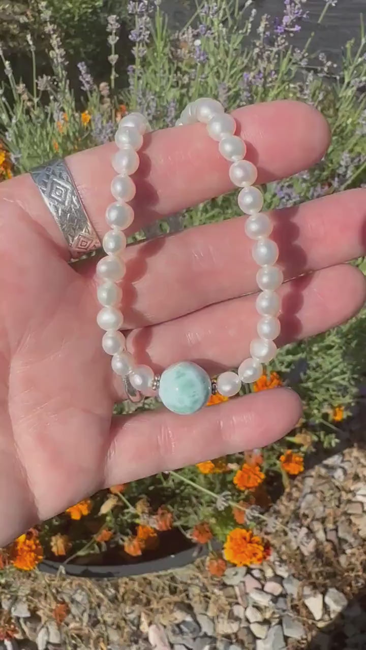 Large Larimar, Freshwater Pearl and Sterling Silver Necklace