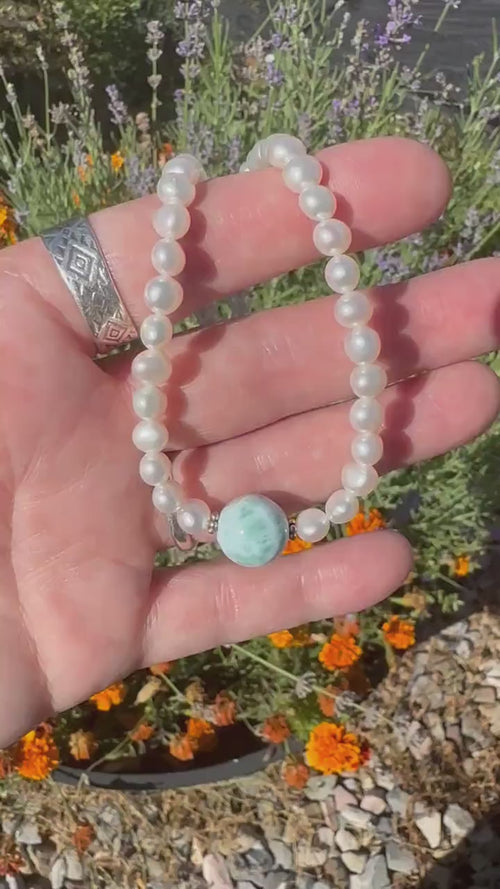 Large Larimar, Freshwater Pearl and Sterling Silver Necklace