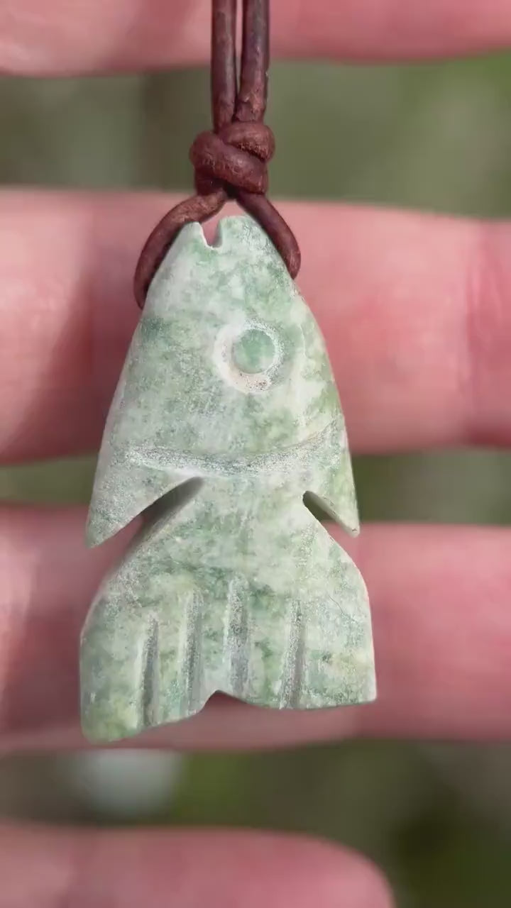 Jade Fish Necklace - Carved Green Jade & Rustic Brown Leather Necklace -Gift for Him or Her