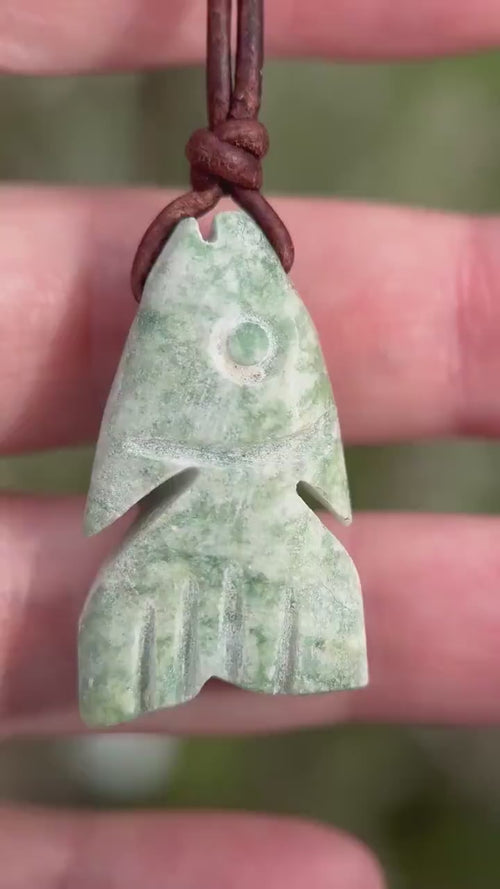 Jade Fish Necklace - Carved Green Jade & Rustic Brown Leather Necklace -Gift for Him or Her