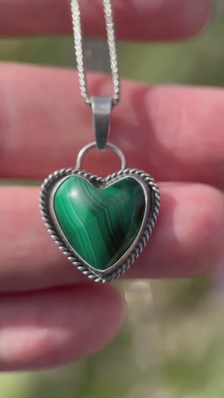 Malachite Heart Sterling Silver Pendant Necklace