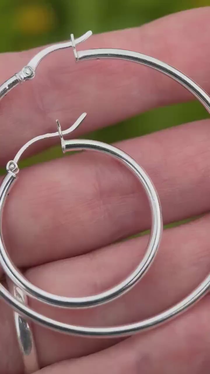 Sterling Silver Hoop Earrings 30 & 50mm - Thick Silver Filled Hoops, Bold Lightweight Hinged Hoops, Everyday Statement 2 inch Earrings