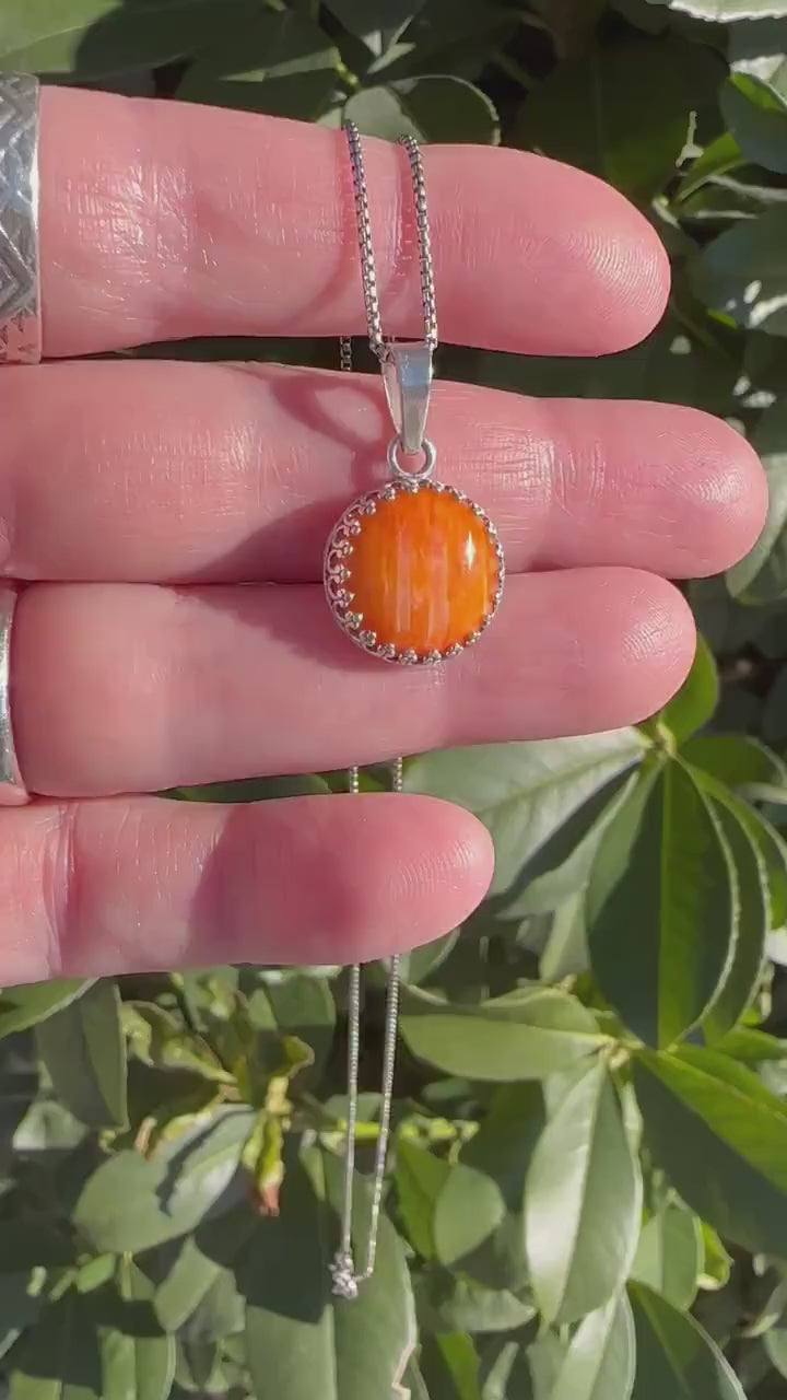 Orange Red Spiny Oyster and Sterling Silver Flower Pendant