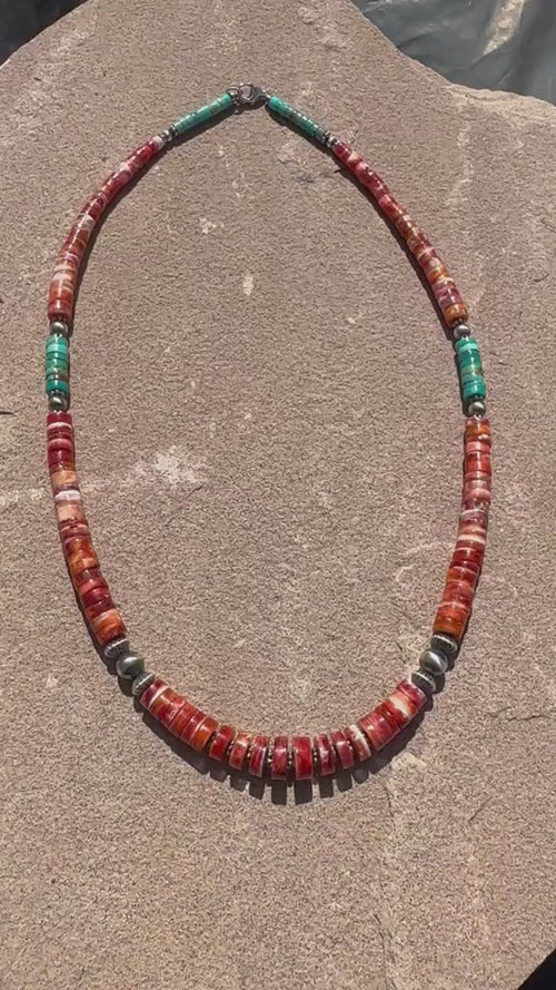 Red Spiny Oyster, Kingman Turquoise, and Navajo Pearl Necklace