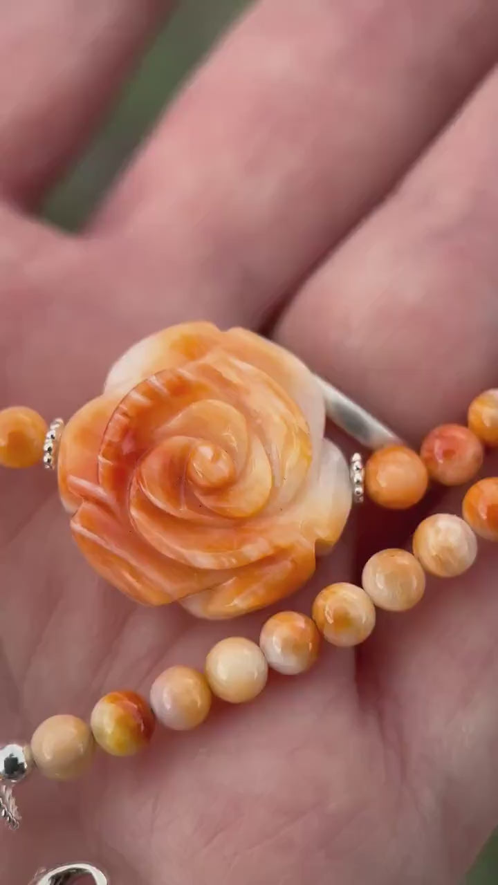 Orange Spiny Oyster Necklace - Sterling Silver Jewelry, Carved Rose Pendant, Southwestern Necklace, Handmade Artisan Gift