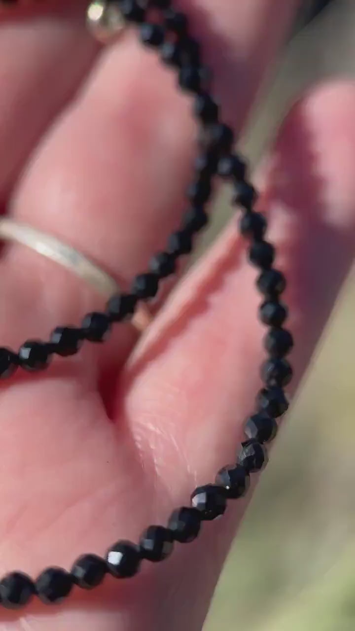 Black Onyx Beaded Necklace – 3mm Faceted Gemstone with Sterling Silver Clasp