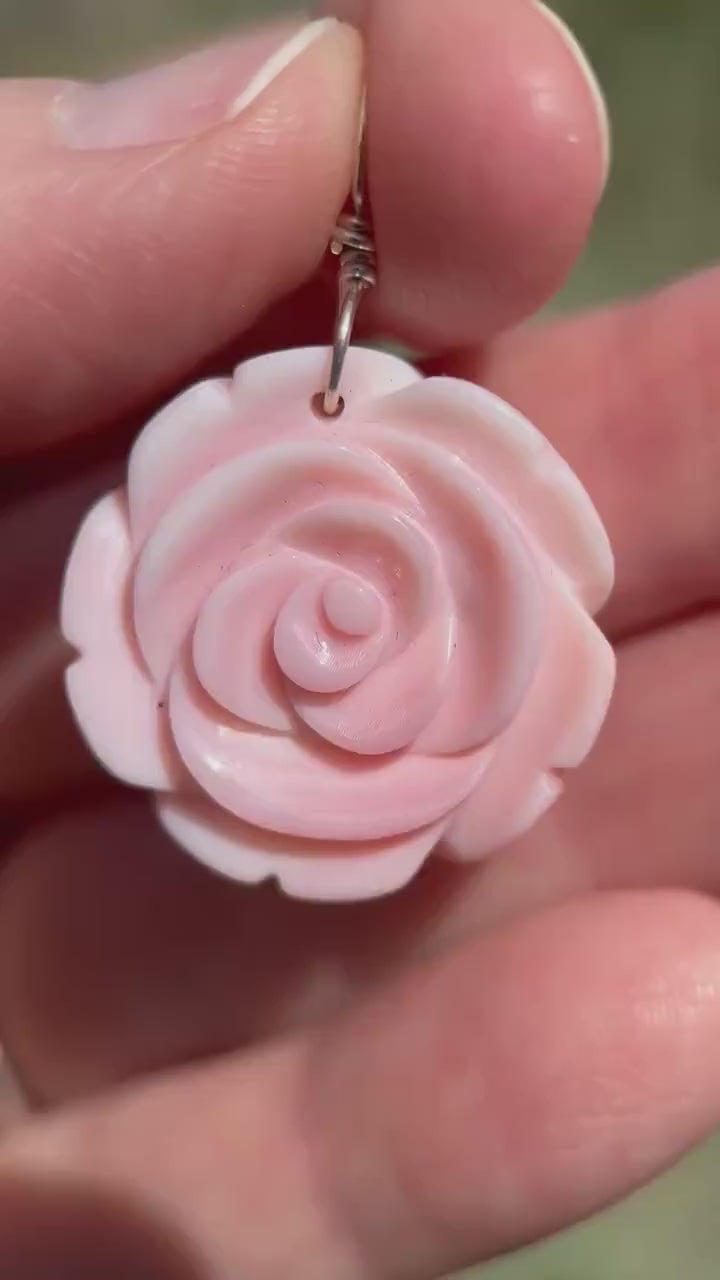 Pink Queen Conch Shell Pendant | Carved Flower with Solid 925 Sterling Silver Bail | Ocean Inspired Handmade Floral Jewelry