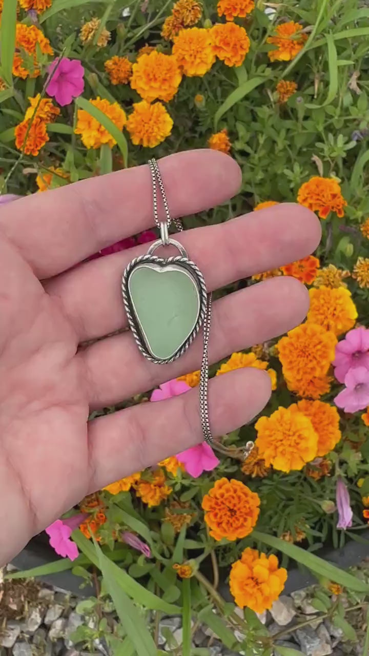 Green Sea Glass and Sterling Silver Pendant Whimsical Heart Necklace