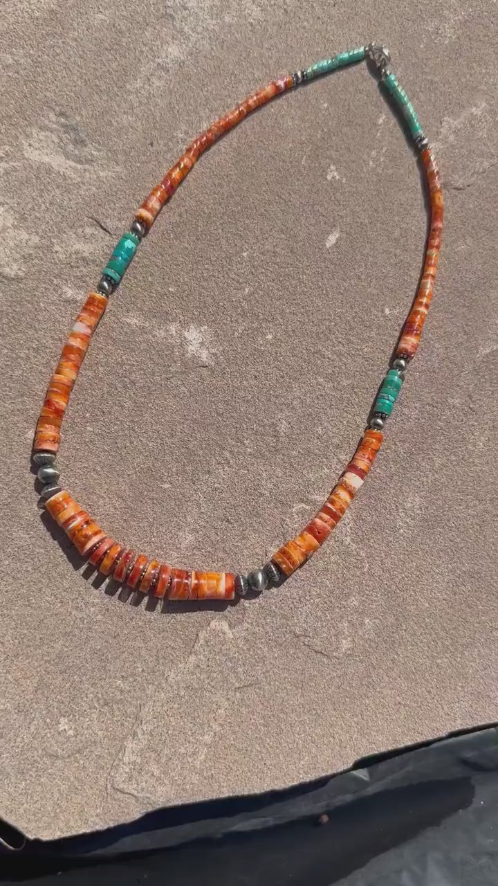 Orange Spiny Oyster, Kingman Turquoise, and Navajo Pearl Necklace