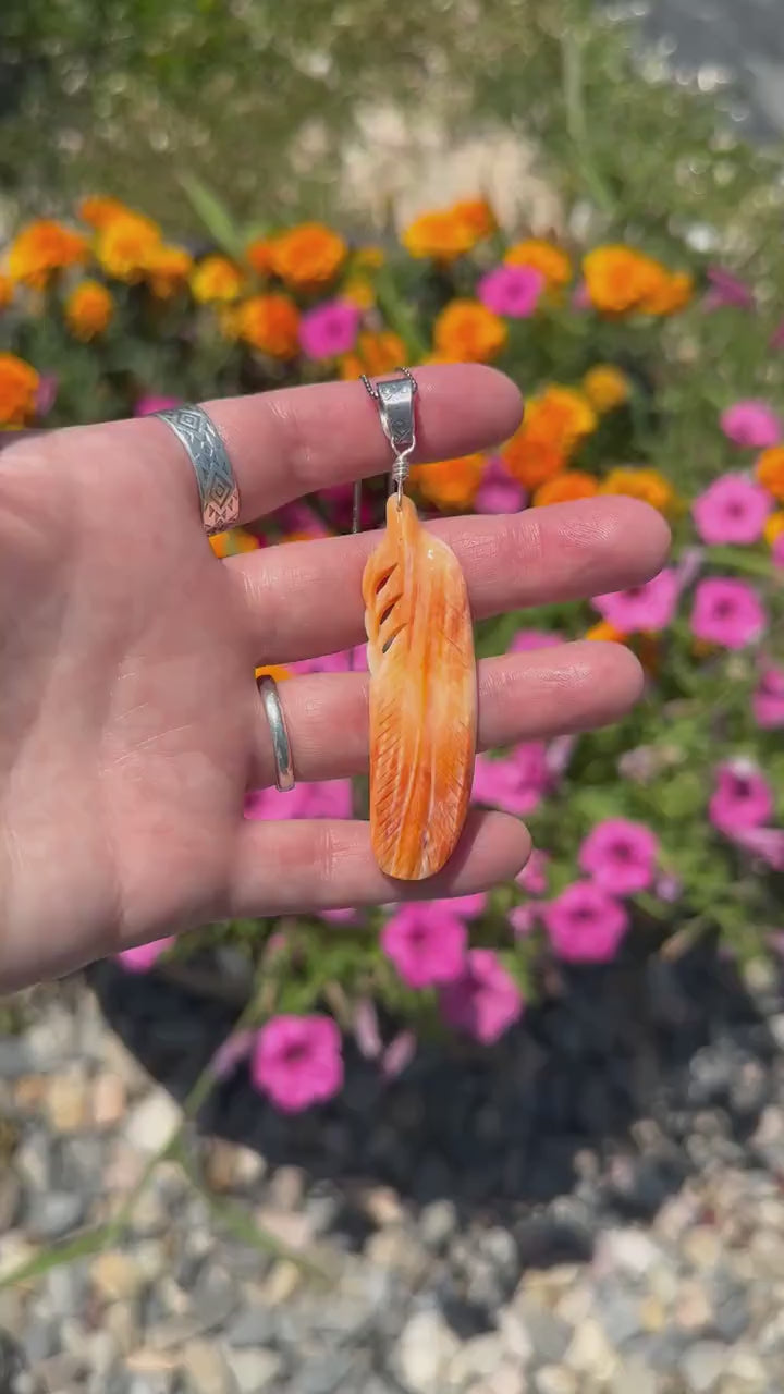 Large Carved Orange Spiny Oyster Feather and Sterling Silver Pendant