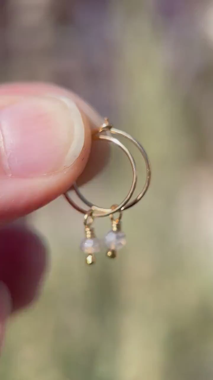 Labradorite Charm Hoop Earrings Available in Solid 925 Sterling Silver, 14k Yellow or Rose Gold Fill