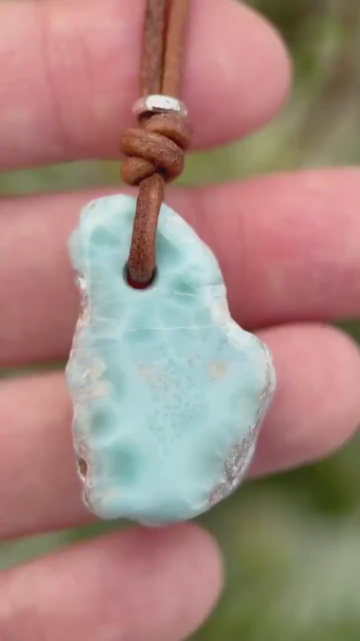 Larimar Nugget Necklace - Genuine Larimar Pendant, Leather Necklace, Blue Larimar Jewelry, Ocean Inspired Gift