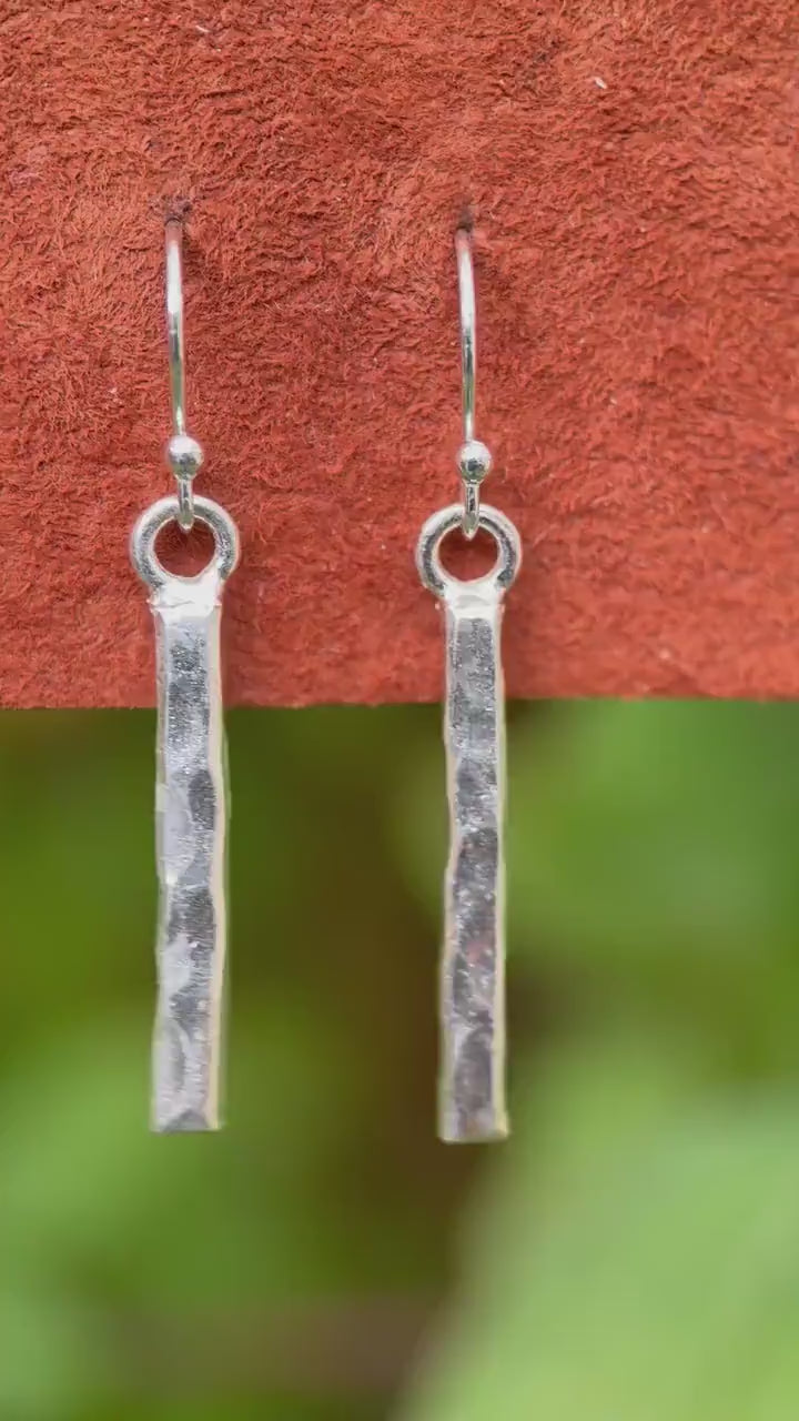 Hammered Sterling Silver Bar Earrings, Long Silver Dangle, Minimalist Linear Drop Earrings, Everyday Silver Artisan Jewelry