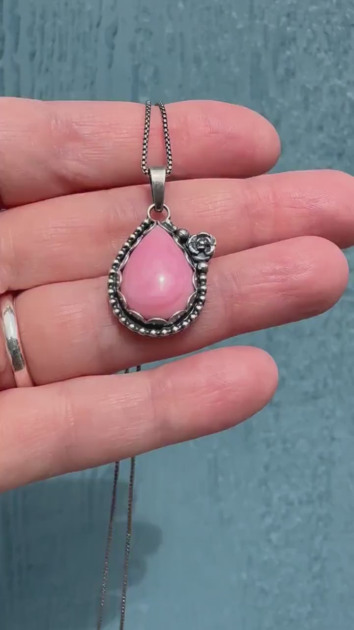 Pink Queen Conch Shell and Sterling Silver Flower Pendant