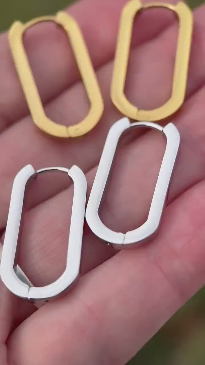 Oval Stainless Steel Hoop Earrings  • Silver or 18k Gold PVD • Minimalist Modern Square Edge Hinged Clicker Hoops