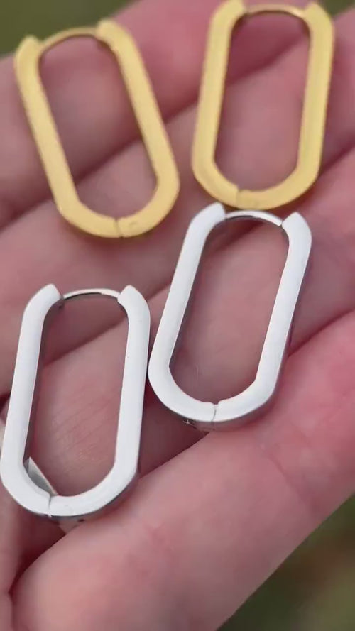 Oval Stainless Steel Hoop Earrings  • Silver or 18k Gold PVD • Minimalist Modern Square Edge Hinged Clicker Hoops