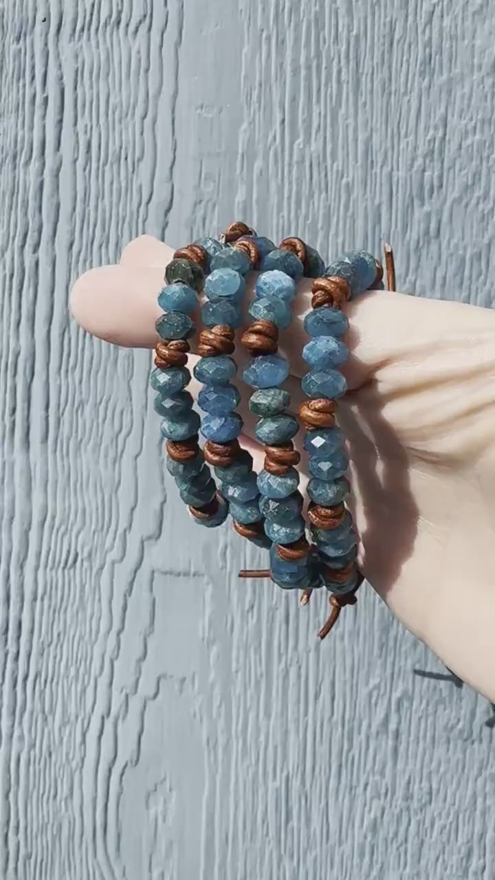 Apatite and Rustic Brown Leather Bracelet