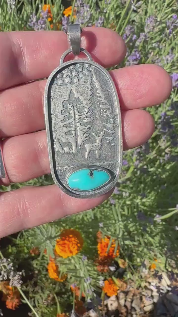 Kingman Turquoise and Sterling Silver Mountain Scene, Deer, Wolf, Trees, Stars Pendant Necklace