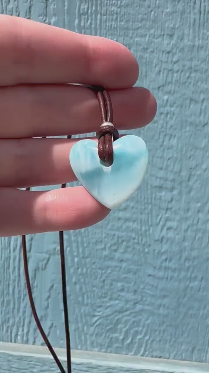 Larimar Heart Crystal and Rustic Brown Leather Necklace