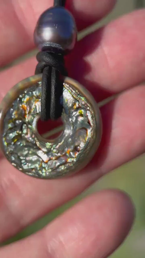 Paua Abalone Shell Necklace – Donut Pendant with Freshwater Pearl on Black Leather Cord