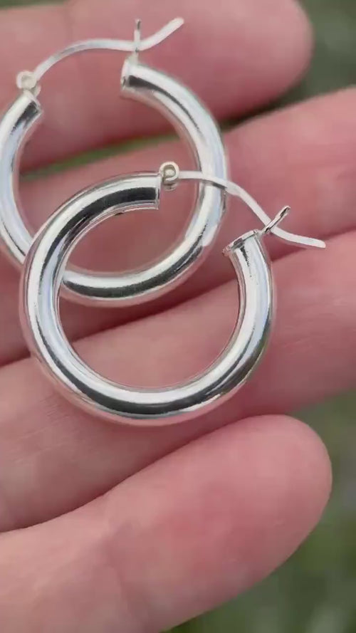 Sterling Silver Hoop Earrings 25mm - Thick Silver Filled Hoops, Bold Lightweight Hinged Hoop Earrings, Everyday Statement Earrings