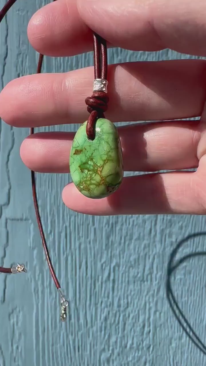 Green Turquoise Mountain Nugget, Sterling Silver, and Leather Necklace DISCOUNTED