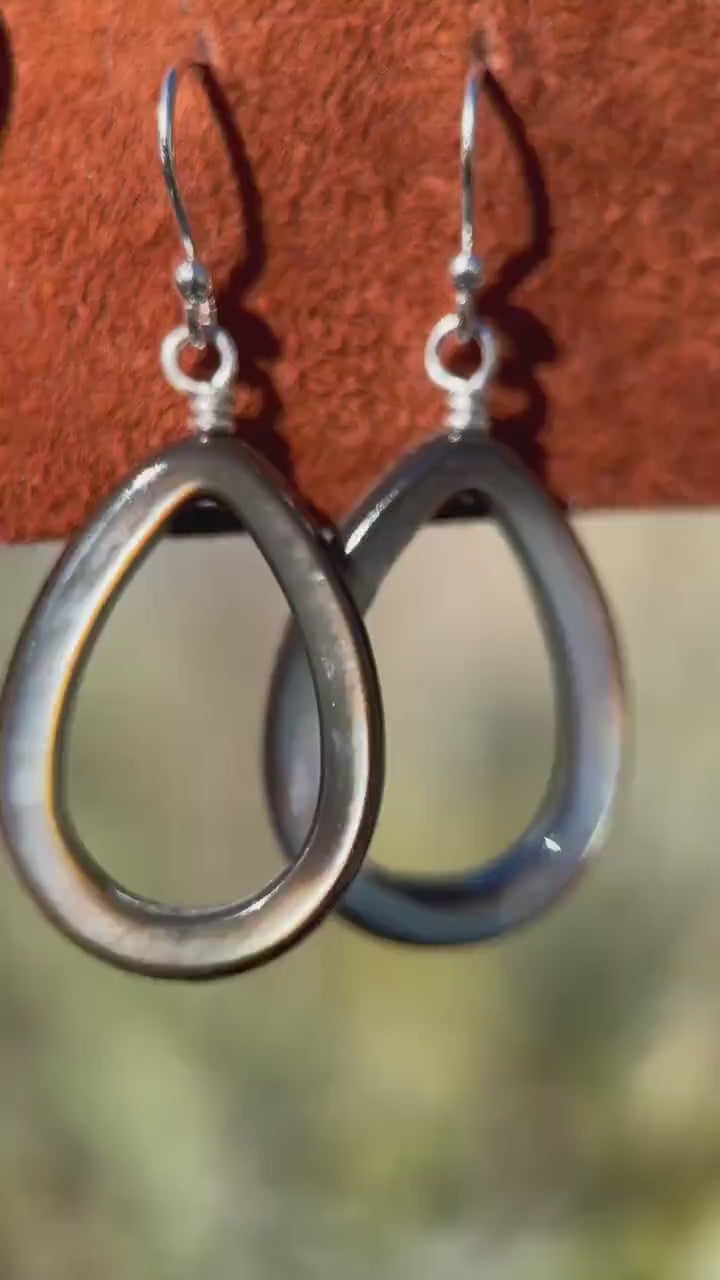 Black Mother of Pearl Teardrop Earrings – Elegant Sterling Silver Shell Drop Jewelry - Black Lip Oyster Shell Hoop Earrings