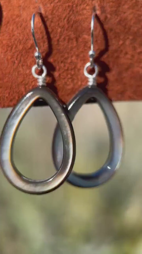 Black Mother of Pearl Teardrop Earrings – Elegant Sterling Silver Shell Drop Jewelry - Black Lip Oyster Shell Hoop Earrings