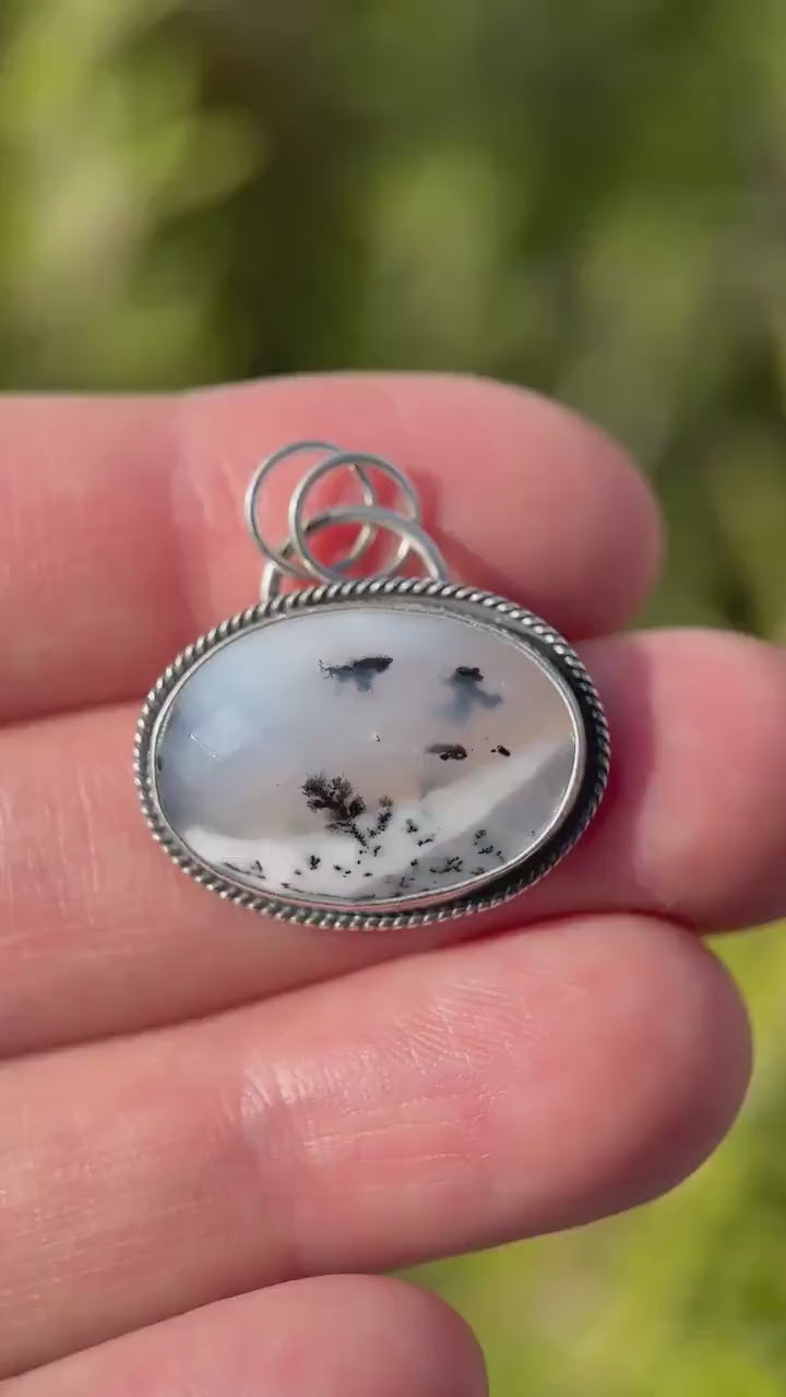 Dendritic Opal and Sterling Silver Pendant Snowy Landscape Necklace