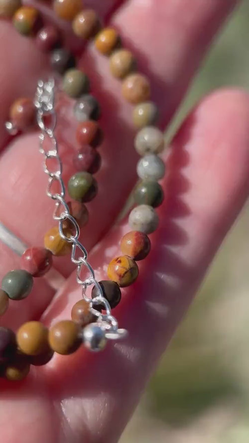 Red Cherry Creek Jasper and Sterling Silver Necklace - 4mm Beaded Montana Gemstone Necklace