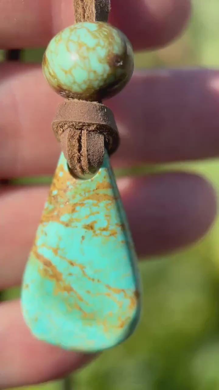 Kingman Turquoise Leather Necklace – Adjustable Brown Cord with Arizona Turquoise Pendant – Handmade in the USA