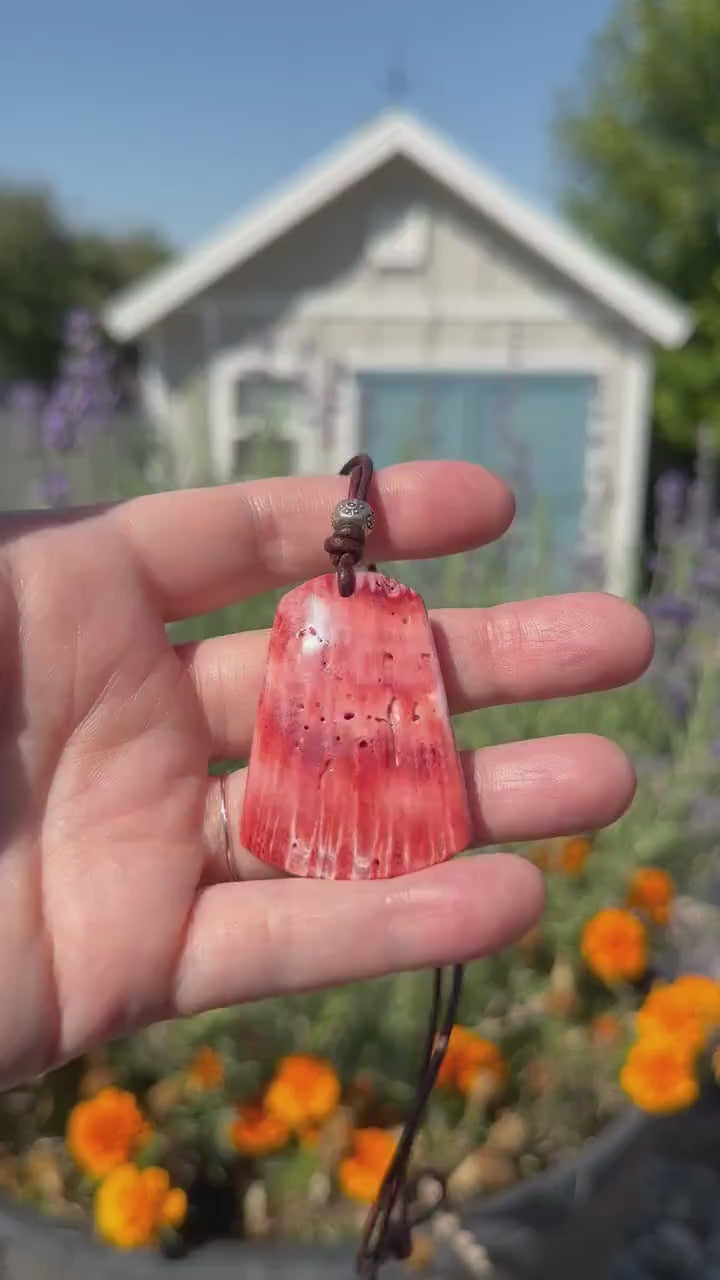 Beautiful Red Spiny Oyster Shell, Thai Hill Tribe Silver and Rustic Brown Leather Necklace