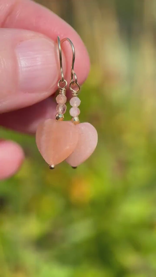 Sunstone Heart Earrings - Faceted Peach Gemstone Dangles -14k Gold Fill Earrings - Golden Heart Jewelry