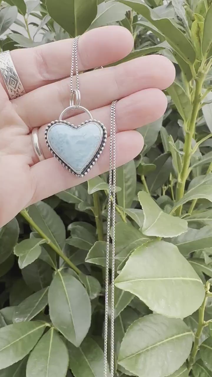 Larimar Heart and Solid 925 Sterling Silver Pendant Necklace