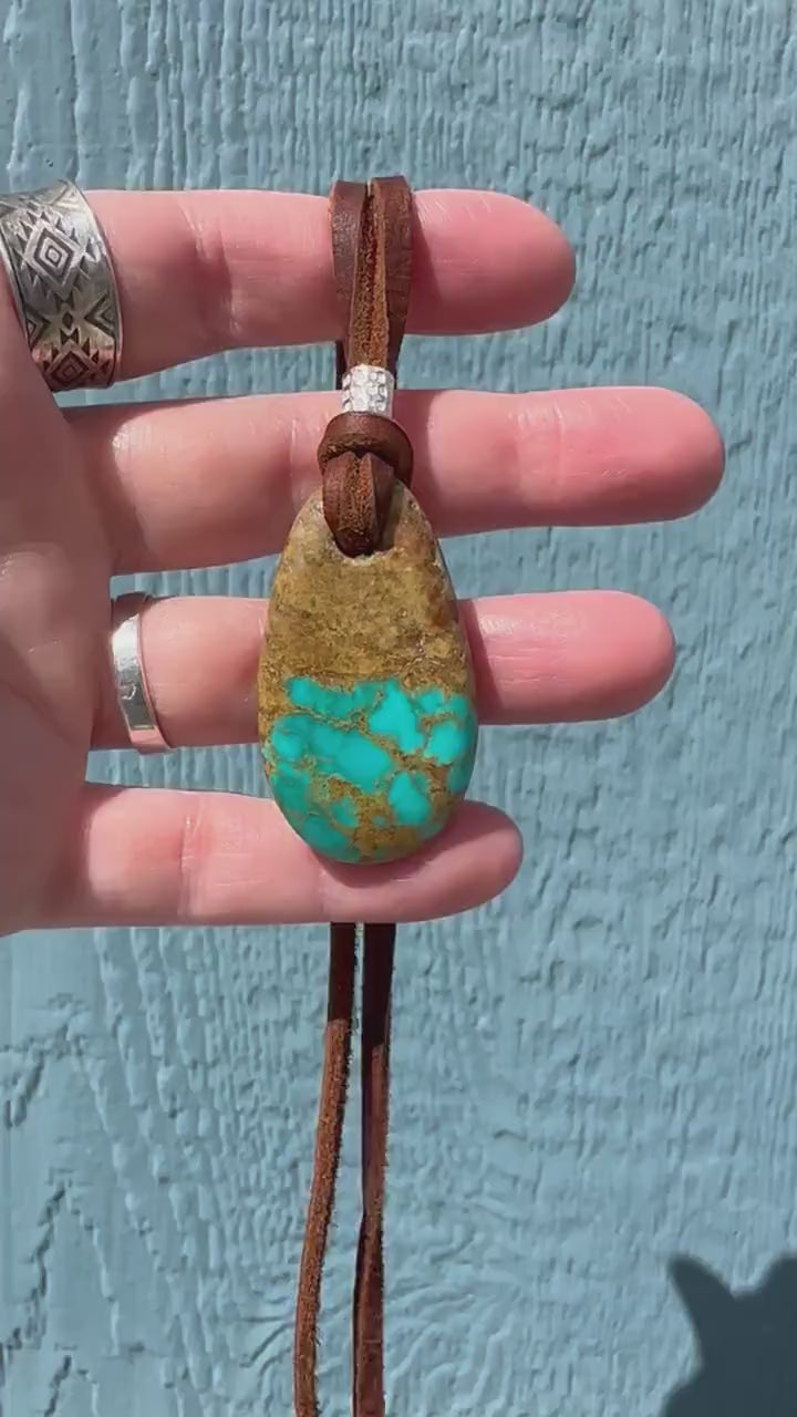 Kingman Turquoise Adjustable Rustic Brown Leather Necklace