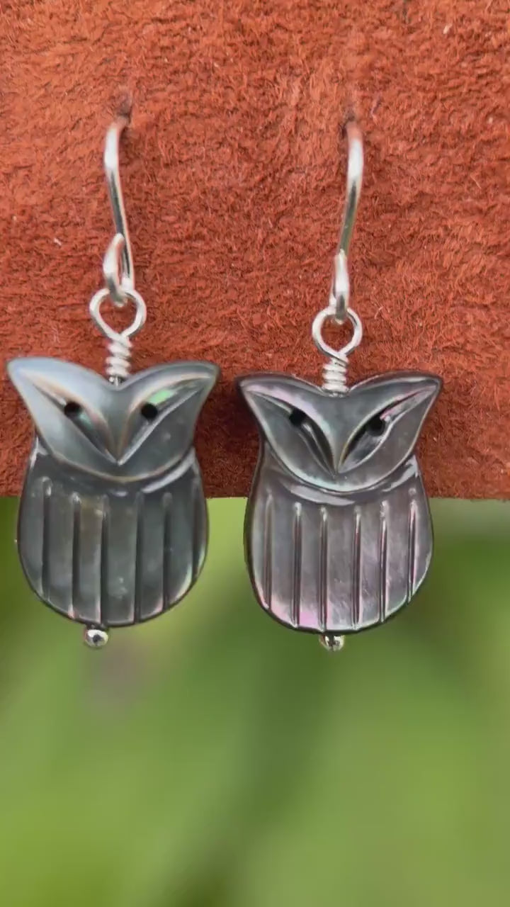 Owl Earrings, Black Lip Oyster Shell & Sterling Silver Dangles, Whimsigoth Jewelry, Iridescent Gothic Nature Jewelry