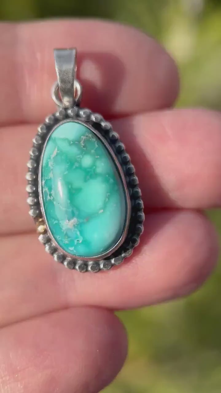 Nevada White Water Turquoise, Sterling Silver, and 14k Solid Gold Pendant