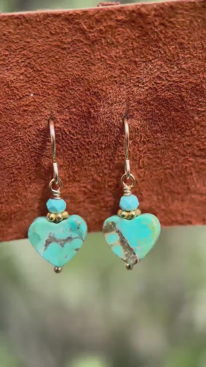 Kingman Turquoise Heart Earrings 14k Gold Fill | Arizona Turquoise Jewelry | Southwestern Gold Heart Earrings
