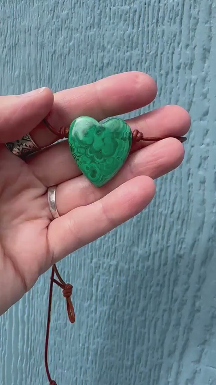 Malachite Heart Crystal and Rustic Brown Leather Necklace